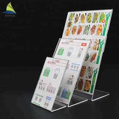 Il chiaro acrilico su misura ha inclinato il segno dell'acrilico del supporto del menu di progettazione